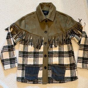 Women’s Olive & Cream Plaid Fringe Pea Coat by Sonoma